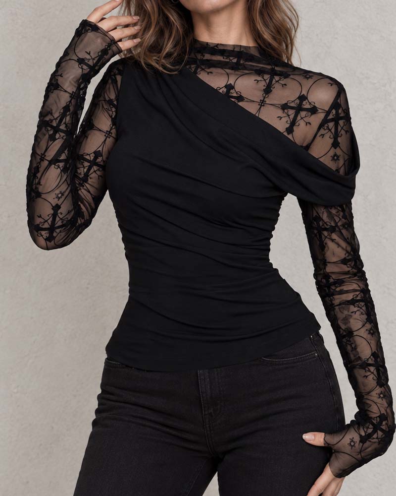 High Neck One-Shoulder Layered Mesh Fitted Top
