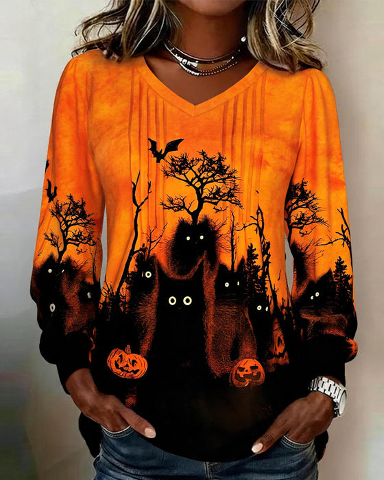 V-Neck Shirred Halloween Long-Sleeved Top