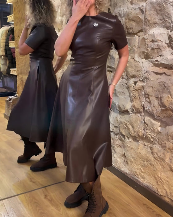 Pu Leather Waisted Short-Sleeved Dress