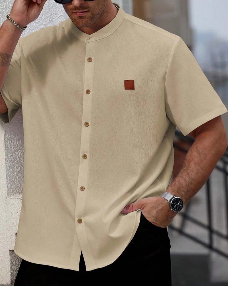 Textured Stand Collar Short Sleeve Shirt