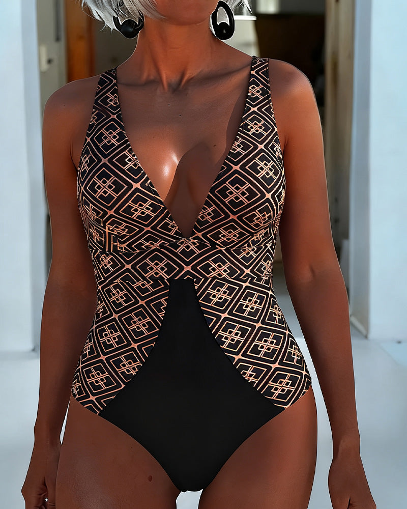 Geometric Pattern Halterneck One Piece