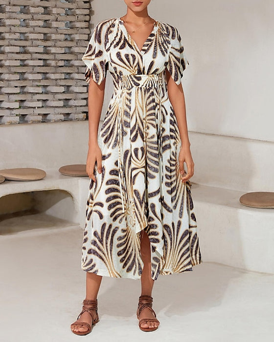 Printed V-neck irregular elegant dress