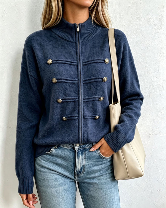 Mandarin Collar Fashion Zipper Knit Cardigan