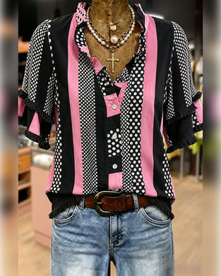 Polka Dot Contrast Patchwork Ruffle Shirt