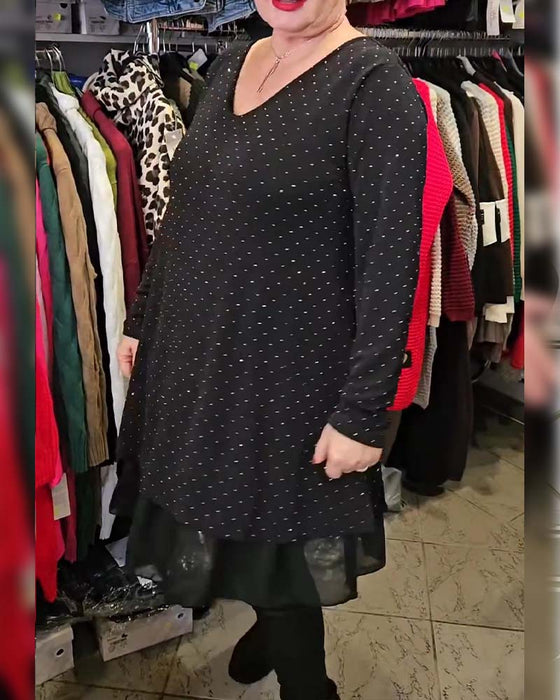 V-Neck Fine Glitter Mesh Patchwork Loose Dress