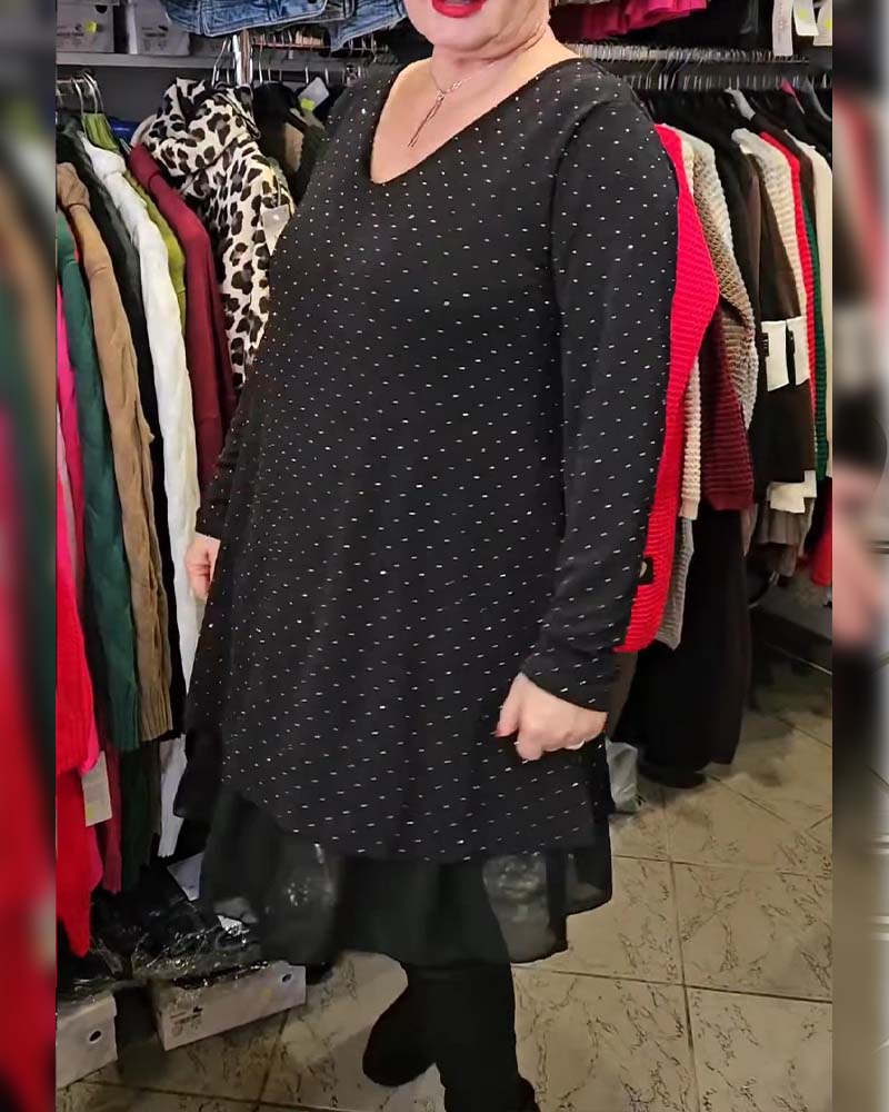 V-Neck Fine Glitter Mesh Patchwork Loose Dress