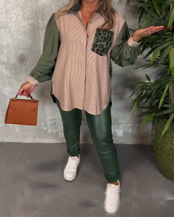 Lapel lantern sleeve leopard print shirt