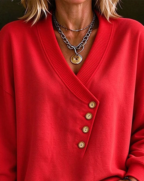 Diagonal Button V-Neck Pullover Sweatshirt