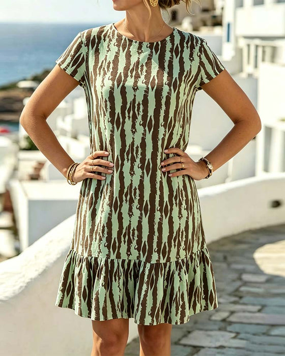 Round Neck Printed Short-Sleeve A-Line Dress