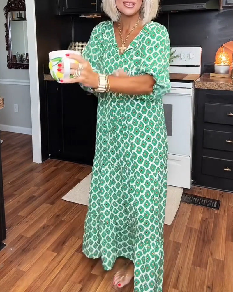 Diamond Print V-Neck Maxi Tiered Dress