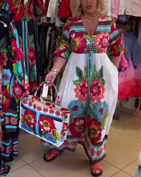 Deep V loose casual floral dress