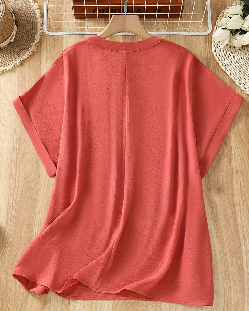 Lace Panel V-Neck Short Sleeve Blouse