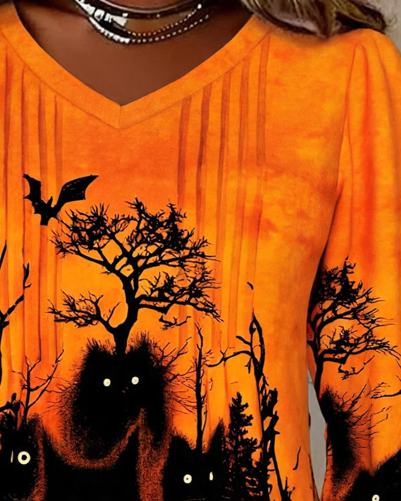 V-Neck Shirred Halloween Long-Sleeved Top