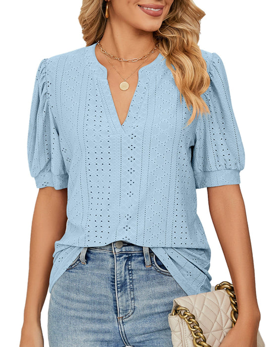 V-Neck Solid Color Hollow-Out Puff Sleeve Blouses
