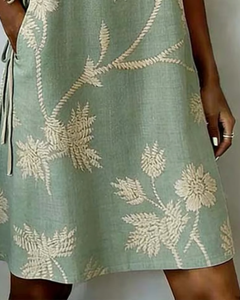 Diagonal Button Print V-Neck Mini Dress