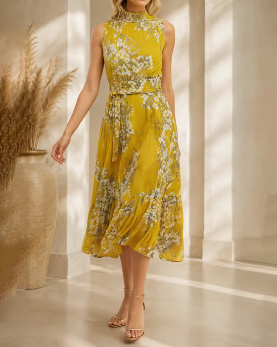 Mock Neck Sleeveless Waist-Cinching Floral Dress