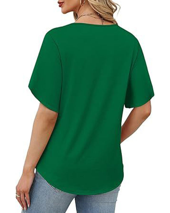 V-Neck Small Slit Short Sleeve Solid T-Shirt