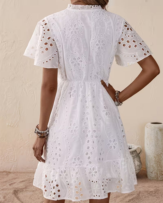 V-Neck Cutout Drawstring Waist-Cinching Dress