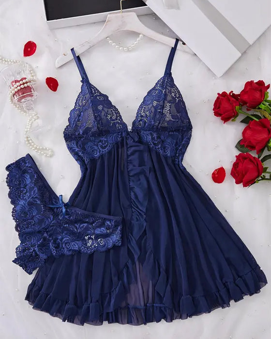 Ladies' Sexy Ruffle Trim Lace Cami Nightdress & Bow Decor Panty Set