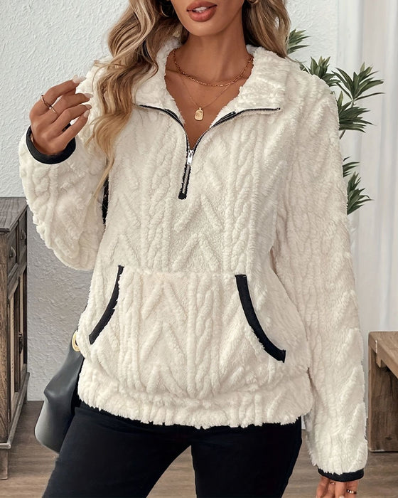 Lapel Zipper Front Fuzzy Sweatshirt