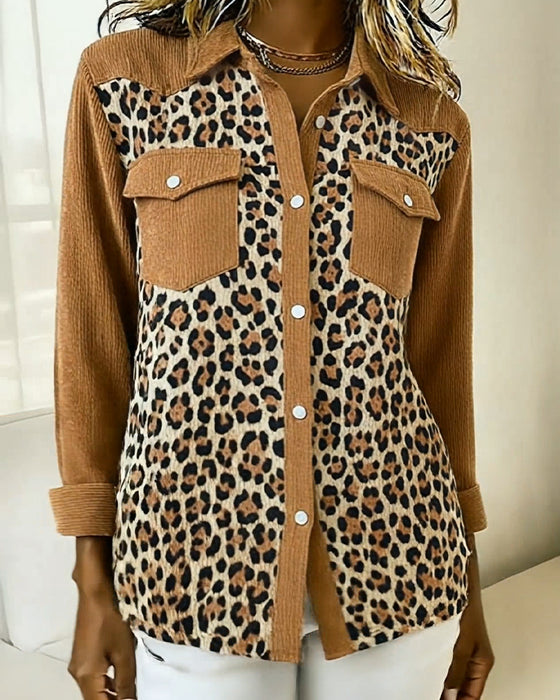 Long-Sleeved Leopard Print Patchwork Shirt