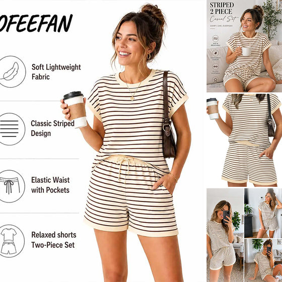 Crew Neck Striped Elastic Waist Tie Set