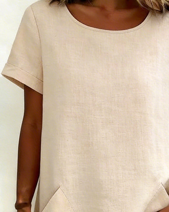 Irregular Round Neck Pocket Blouse