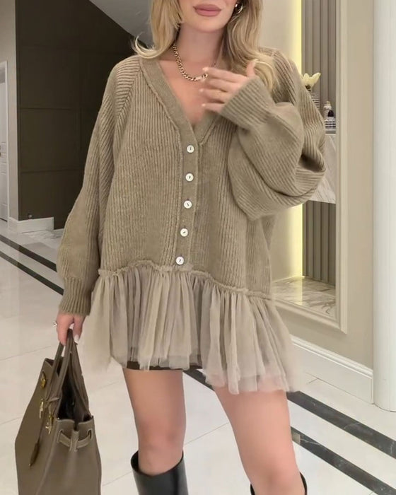 V-Neck Mesh Ruffle Patchwork Cardigan