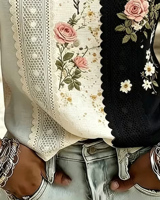 Contrast Lace Rose Print Blouse