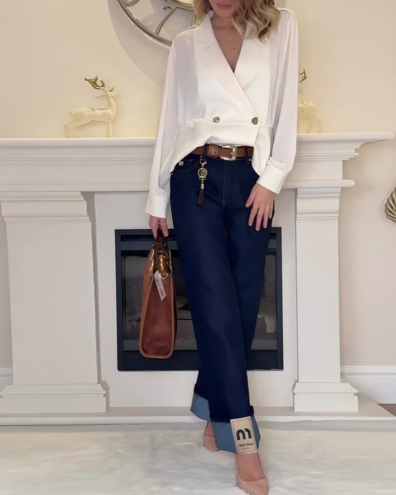 Solid Color Elegant Suit Collar Top