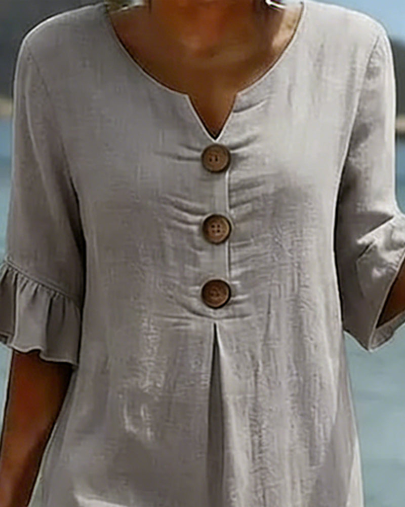 Button Ruffle Sleeve 100% Cotton Dress