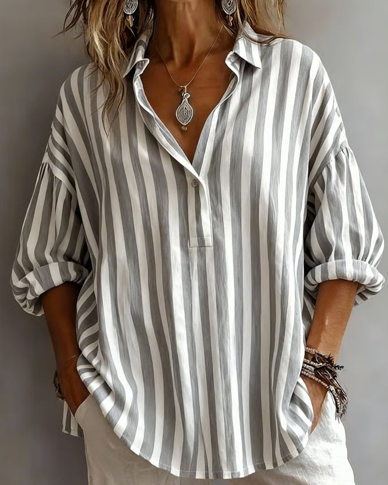 Striped Loose-Fitting Collared Blouse