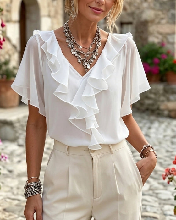 V-Neck Ruffle Solid Color Blouse