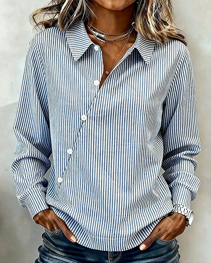 An Asymmetric Button-Down Striped Blouse