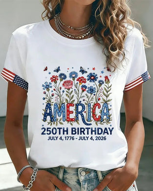 Round Neck Letter Colorful Floral Print T-Shirt
