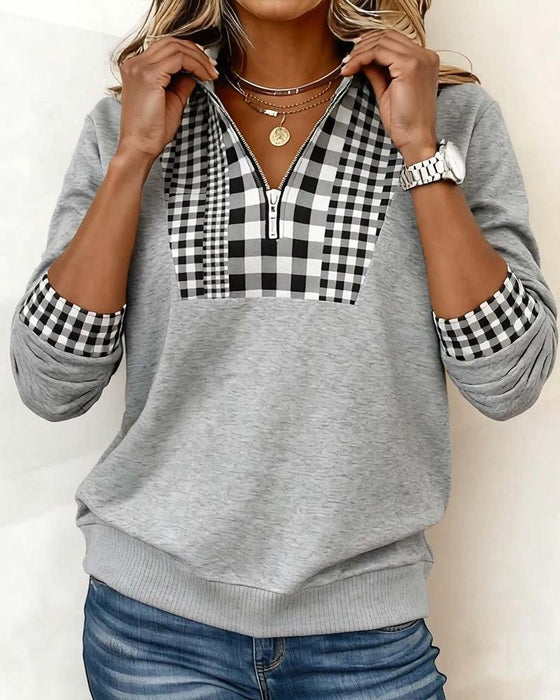 Half-Zip Plaid Long-Sleeved Sweatshirt