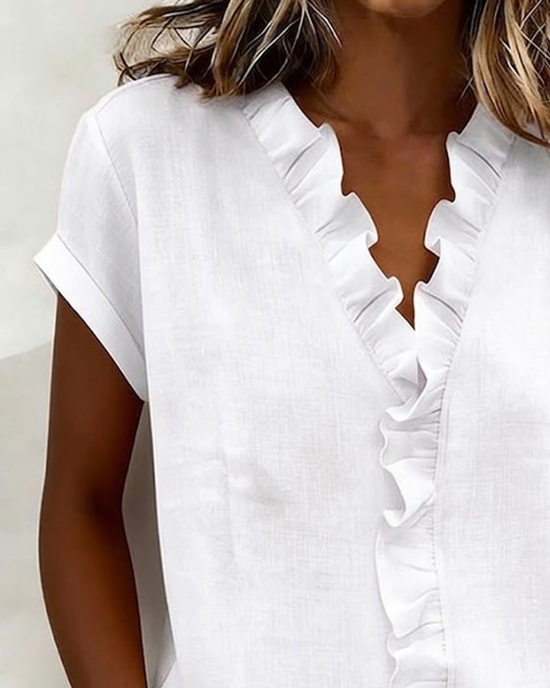 Pure Cotton Short-Sleeved Blouse With Ruffled Collar