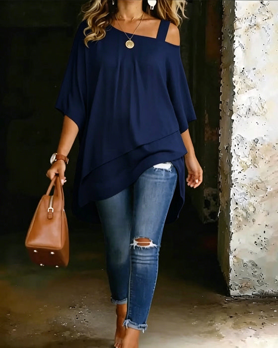 Asymmetric Cold-Shoulder Solid Color Casual Blouse