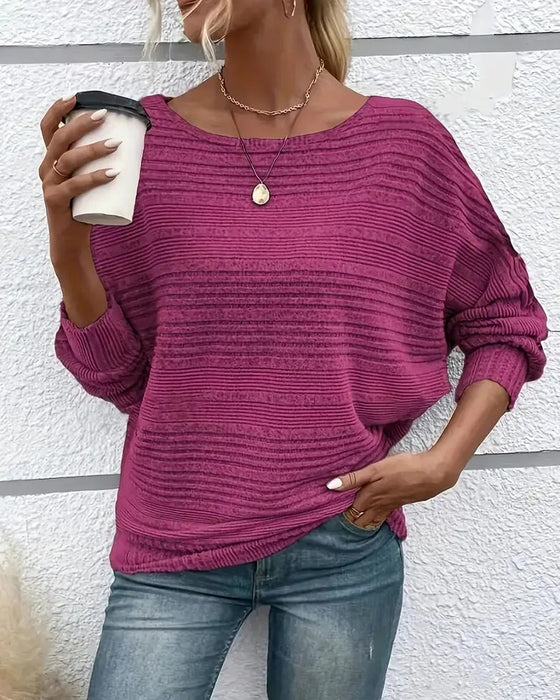 Solid Color Round Neck Long Sleeve Striped Top