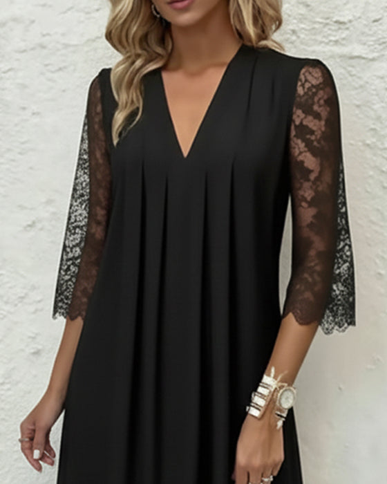 Lace V - Neck Pleated Dress