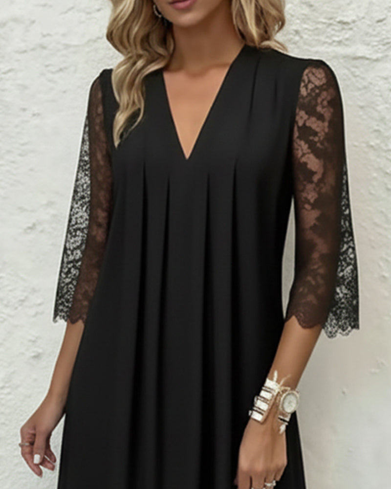 Lace V - Neck Pleated Dress