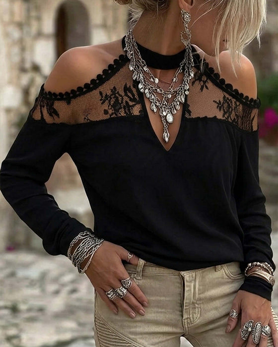 V-Neck Lace Patchwork Off-Shoulder T-Shirt