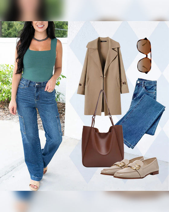 High Rise Cargo Wide-Leg Stretch Jeans for Women