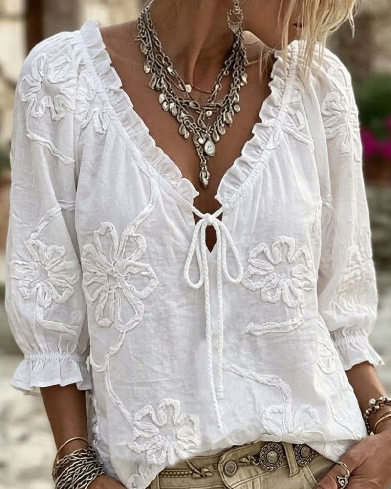100% Cotton V-Neck Wrap Tie Ruffled Blouse