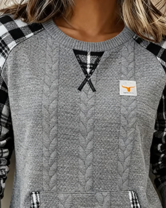 Plaid Patchwork Round Neck Sweatshirt