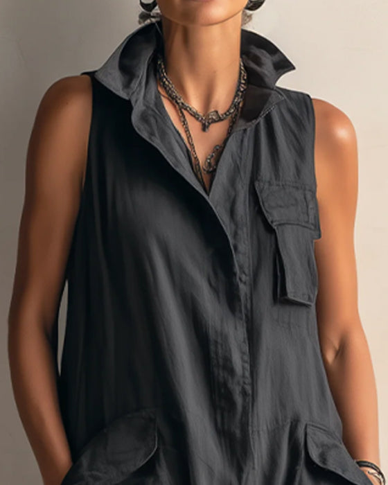 Lapel Sleeveless Pocket Cargo Jumpsuit