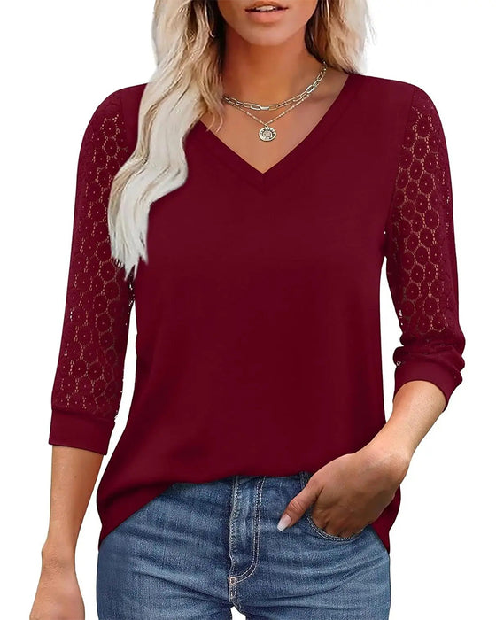 Hollow Three-Quarter Sleeve Solid Color Top