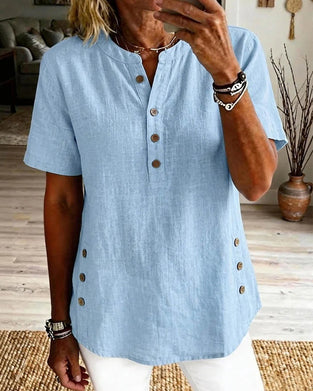 Solid-Color Loose-Fit Short-Sleeve Blouse
