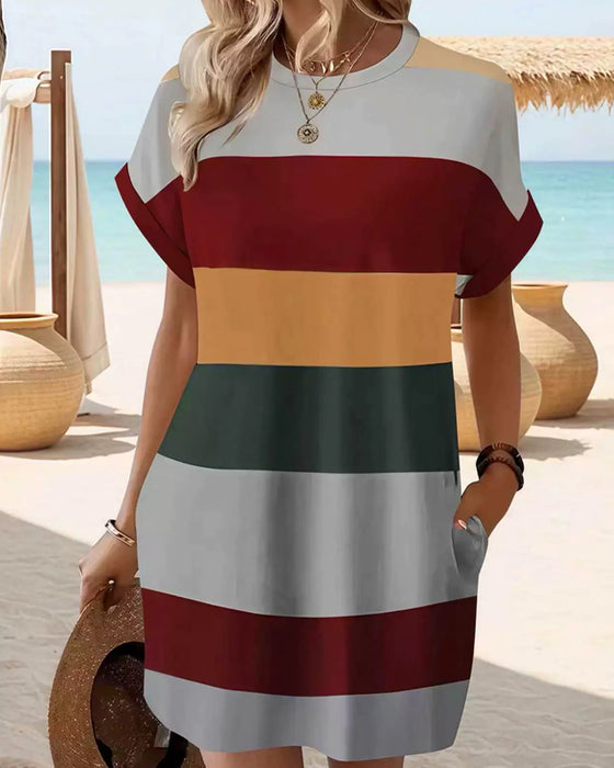 Crewneck Striped Print Short Sleeve Casual Dress