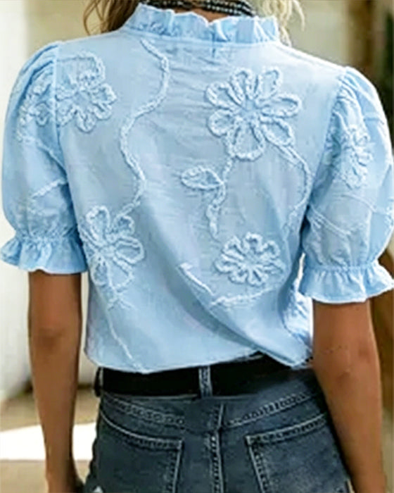 V-Neck Ruffle Trim Puff Sleeve Blouse